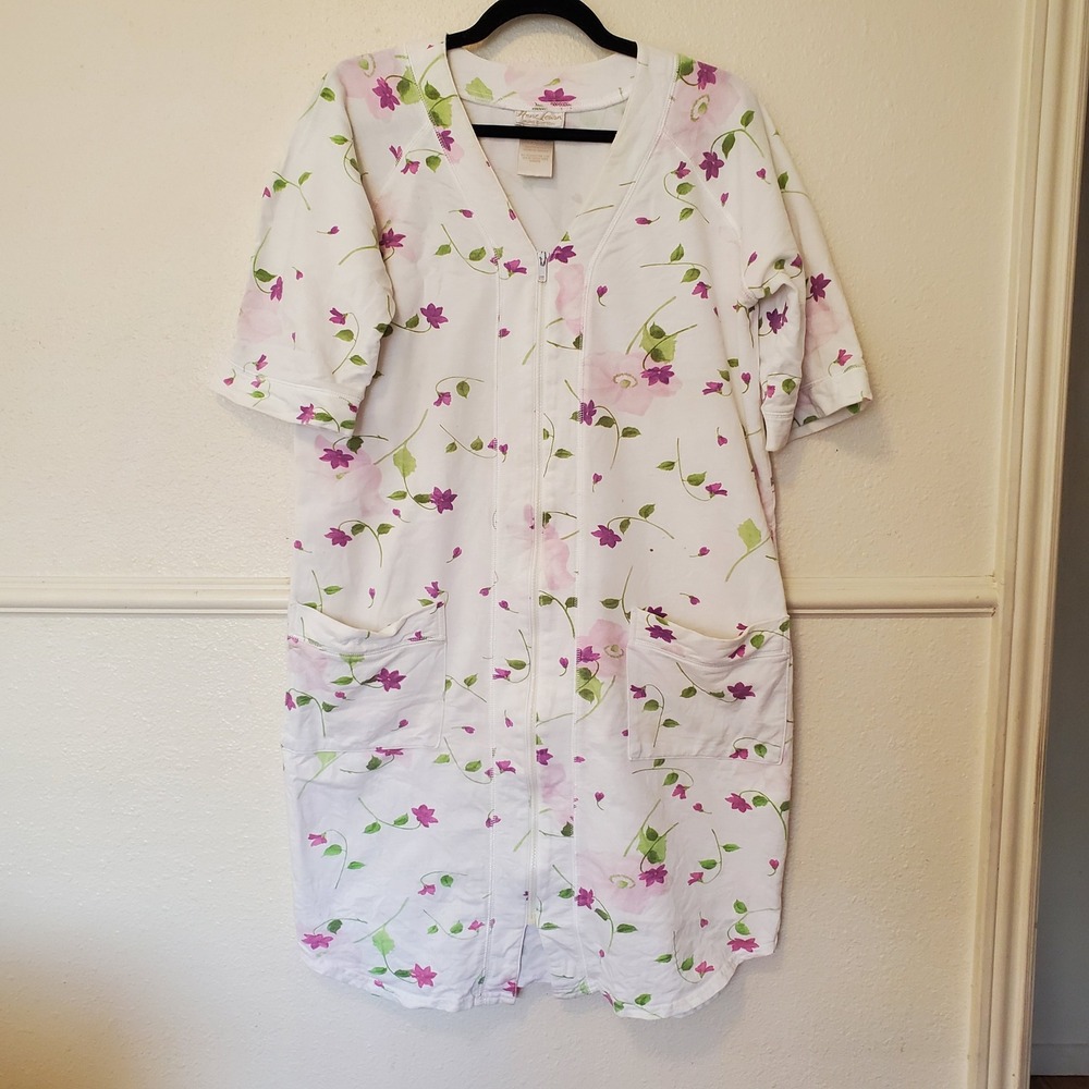 Anne Lewin Womens Pure Cotton Zip Front Floral Robe White Purple Small